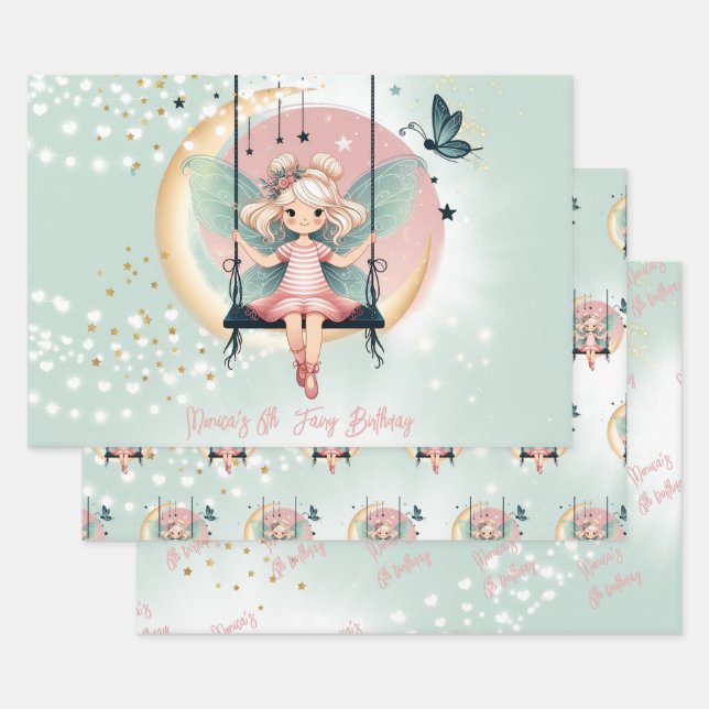 Zauberhafte Fee auf dem schwingenden Kindergeburts Geschenkpapier Set (Set)