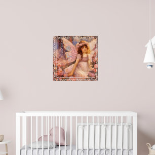 Zauberhafte Fee im traumhaften rosa Blumen Garten Poster