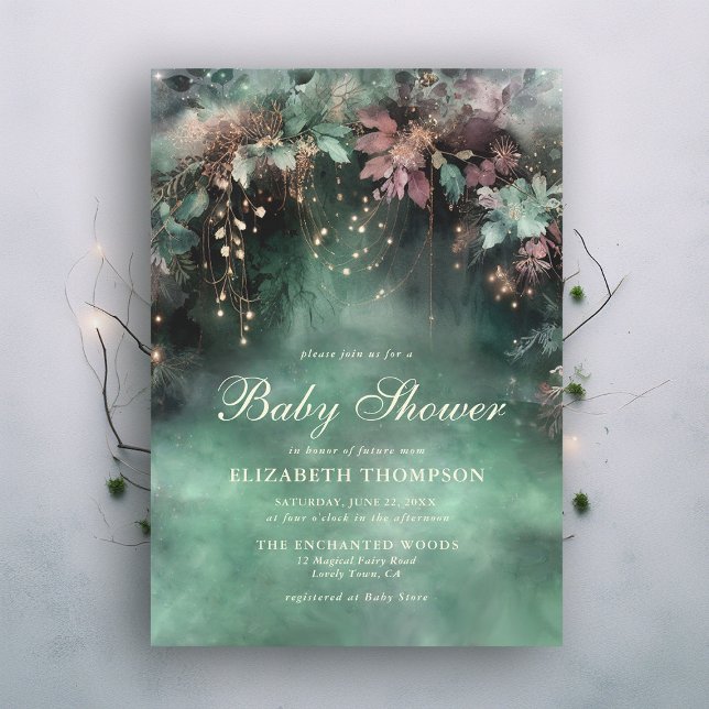 Zauberhafte Forest Greenery Arch Magical Baby Show Einladung (enchanted forest fairy faerie magical baby shower invitation emerald green pink mauve elegant)