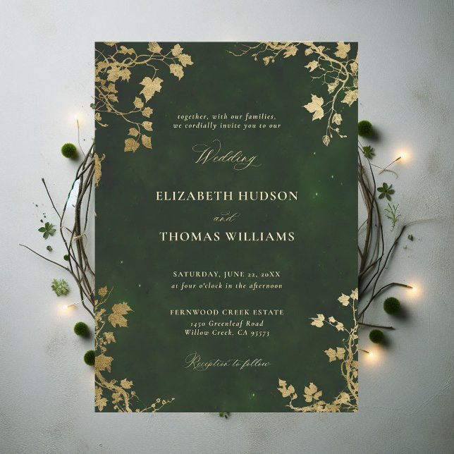 Zauberhafte Forest Minimal Rahmen Gold Magic Weddi Einladung (Enchanted Forest Hunter Green Draped Greenery Minimal Frame Modern Calligraphy Wedding Invitation)