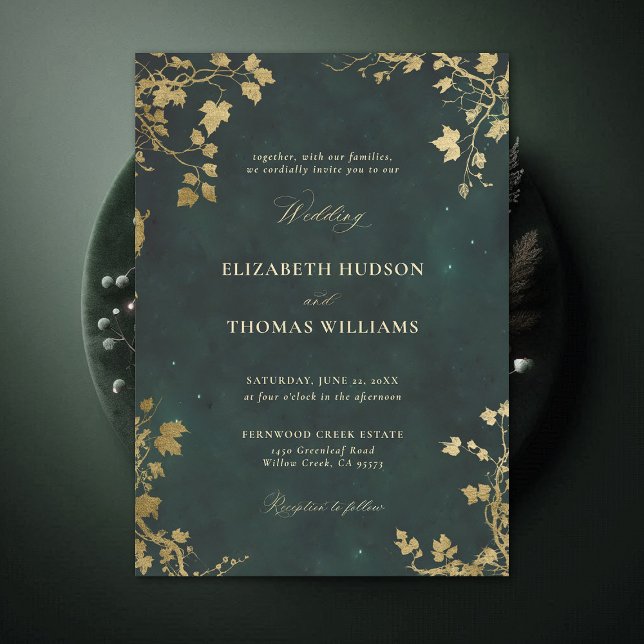 Zauberhafte Forest Minimal Rahmen Gold Moderne Hoc Einladung (Enchanted Forest Emerald Green Draped Greenery Minimal Frame Modern Calligraphy Wedding Invitation)