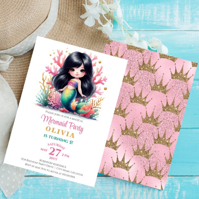 Zauberhafte Geburtstagsparty der Meerjungfrau Einladung (Enchanted dark-haired mermaid birthday invitation front and back.)
