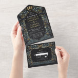 Zauberhafte Gothic Raven Floral Wedding All In One Einladung<br><div class="desc">Elegantes und gotisches Hochzeitsdesign mit Raben und Blattwerk. Dieses Design ist mit einem schwarzen Hintergrund, dunkelblauen Raben und matten grünen Blätter mit goldenen Akzenten ausgestattet. Die Goldfolie auf dieser Einladung ist KEINE echte Folie. Matching Items in unserem Shop für ein komplettes Party Thema. Für weitere Fragen kontaktieren Sie uns bitte...</div>