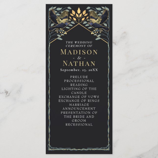 Zauberhafte Gothic Raven Floral Wedding Programm (Vorderseite)