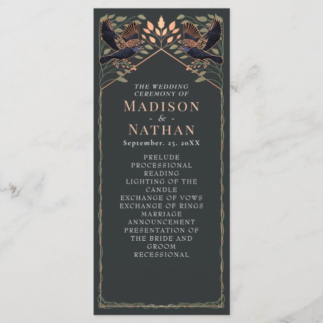 Zauberhafte Gothic Raven Floral Wedding Sage Green Programm (Vorderseite)