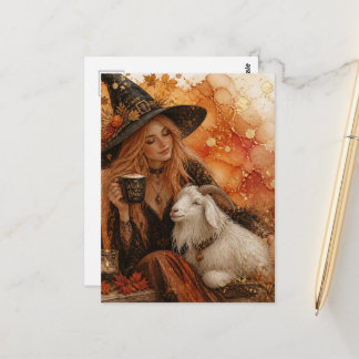 Zauberhafte Herbsthexe und eine weiße Ziege Postkarte