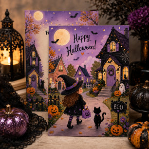 Zauberhafte Hexe & schwarze Katze Halloween-Party Einladung