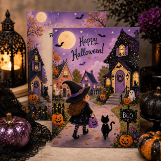 Zauberhafte Hexe & schwarze Katze Halloween-Party  Einladung