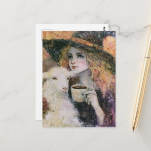 Zauberhafte Hexe und eine weiße Angoraziege Kaffee Postkarte