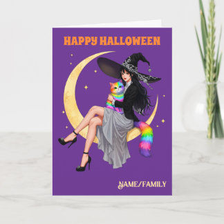 Zauberhafte Hexe und Regenbogenkatze Halloween Karte