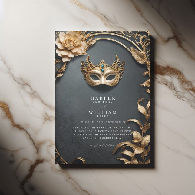 Zauberhafte Hochzeit der Schwarz-Gold-Masquerade Einladung (Masquerade wedding invitation with baroque undertones and elegant gold foliage)