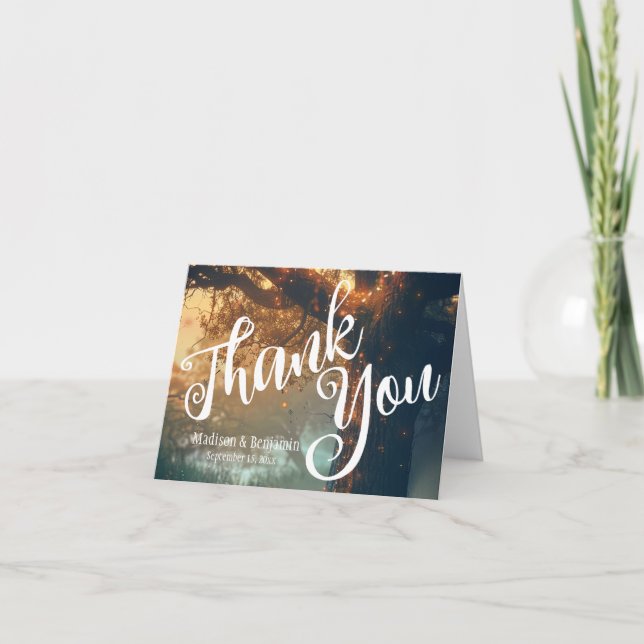 Zauberhafte Hochzeit von Waldeiche-Tree-Lichtern Karte (Vorderseite)