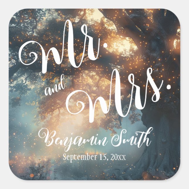 Zauberhafte Hochzeit von Waldeiche-Tree-Lichtern Quadratischer Aufkleber (Vorderseite)