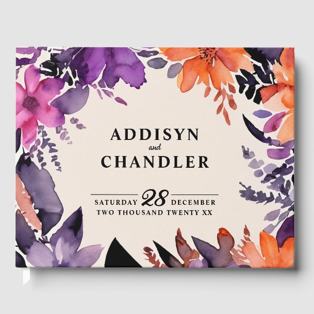 Zauberhafte Lila Hochzeit + Orangefarbenes Hallowe Gästebuch (Vorderseite)