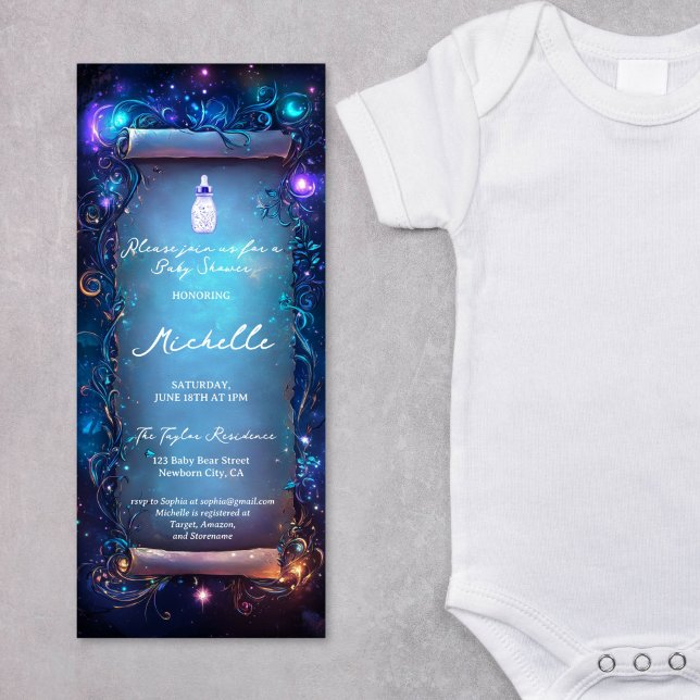 Zauberhafte Lila verzauberte Forest Scroll Babydus Einladung (Magic Purple enchanted forest baby shower invitation)