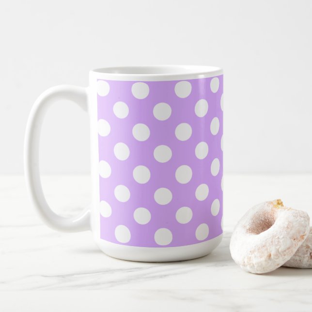Zauberhafte Lilac- und große weiße Polka-Punkte Kaffeetasse (Mit Donut)