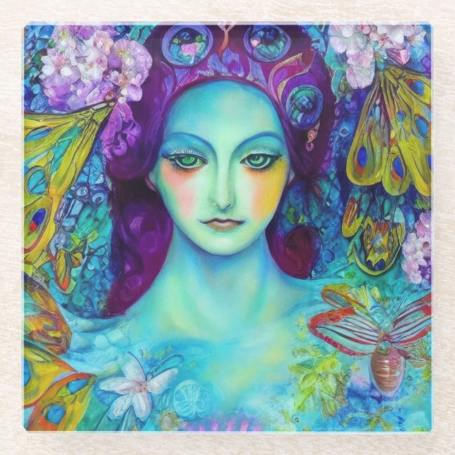 Zauberhafte Milchkönigin mit Schmetterlingen Glasuntersetzer (Vorderseite)