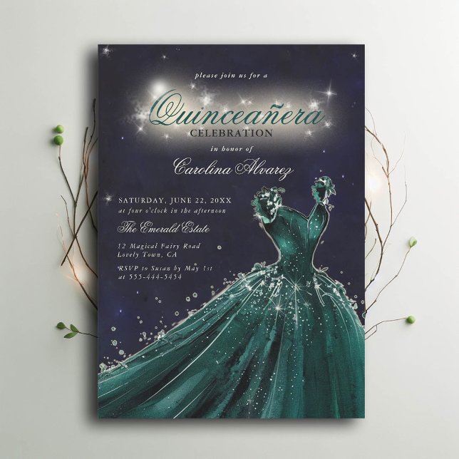 Zauberhafte Nachtmärchenprinzessin Quinceanera Einladung (enchanted quinceanera princess dress invitation emerald green navy sparkles calligraphy)