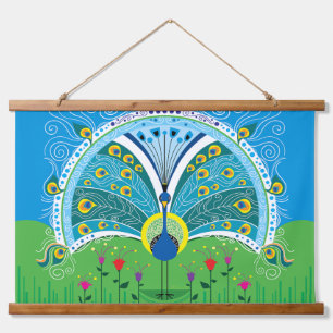 Zauberhafte Pfau-Symmetrie Wandteppich Mit Holzrahmen