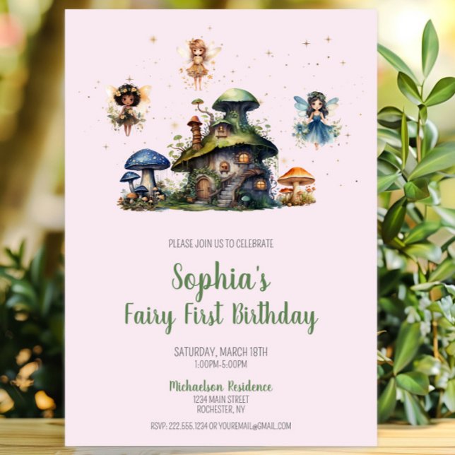 Zauberhafte Pink Fairy First Birthday Mushroom Einladung (Enchanted Fairy First Birthday Mushroom Invitation, Whimsical Fairy Garden Invite, Woodland Pixie)