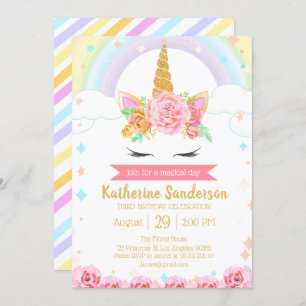 Zauberhafte Regenbogen-Unicorn-Gesicht Blumenmädch Einladung