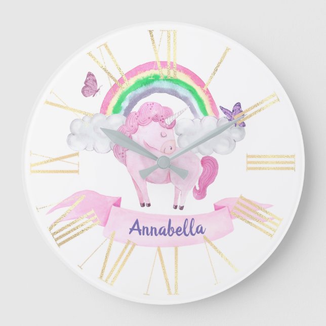 Zauberhafte Rosa Einhorn-Regenbogenschmetterlinge Große Wanduhr (Vorderseite)