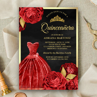 Zauberhafte Rote Rosen Black Gold Quinceanera Einladung
