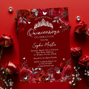 Zauberhafte rote silberne Blumen-Quinceanera Folieneinladung