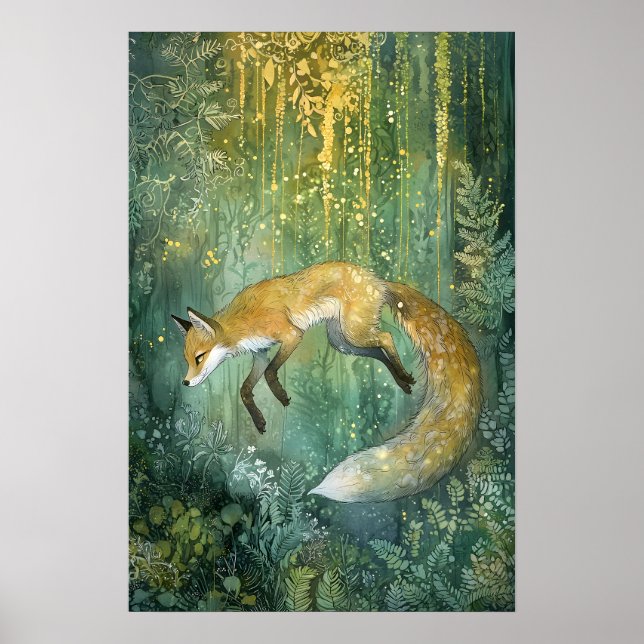 Zauberhafte Smaragdwälder Magische Fox Kunst Poster (Vorne)
