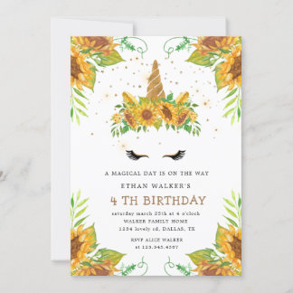 Zauberhafte Sonnenblume Einhorn Geburtstag Einladu Einladung