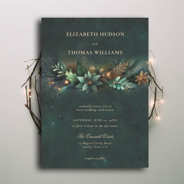 Zauberhafte Waldgartenmesse Hochzeit Einladung (enchanted forest wedding invitation emerald gold garland modern classic)