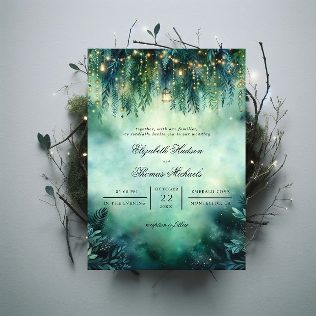 Zauberhafte Waldlichter-Lichter Einladung (enchanted forest fairy lights emerald green gold wedding invitation elegant formal modern classic)