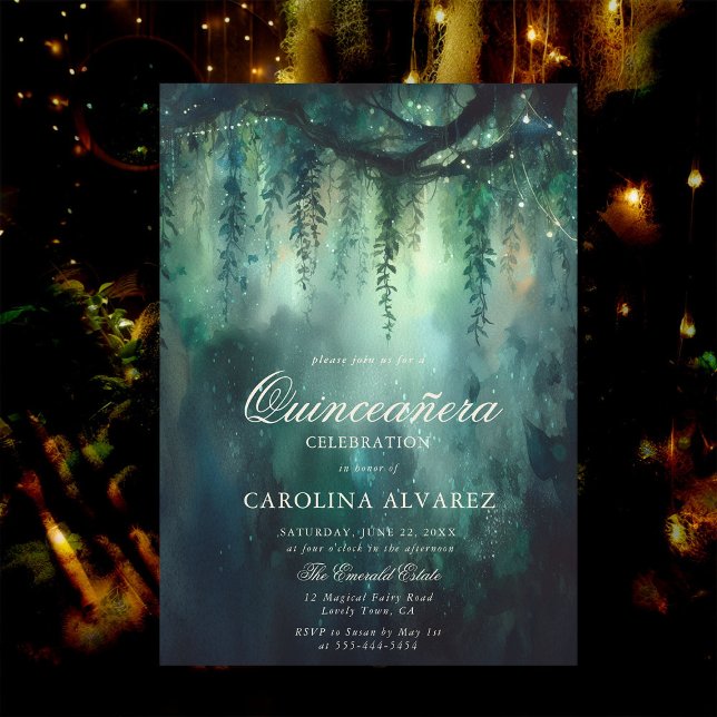 Zauberhafte Waldlichter Magische Qinceanera Einladung (enchanted forest quinceanera invitation card template watercolor vines fairy lights elegant classy)