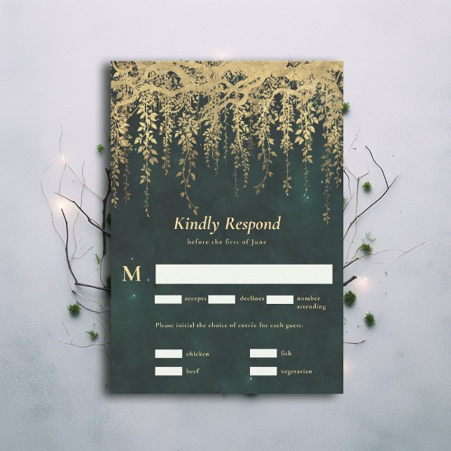 Zauberhafte Waldwein-Weine Hochzeit RSVP (Enchanted Forest Magical Gold Vines Wedding RSVP draped foliage emerald green moody dark)