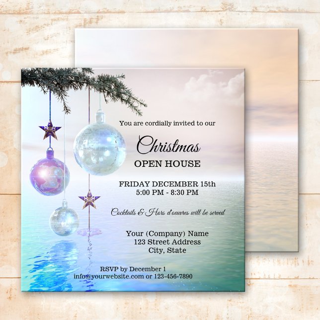 Zauberhafte Weihnachtsfeier im Party Open House Einladung (Modern Christmas Holiday party invitation featuring festive sparkling Christmas baubles on an ocean)