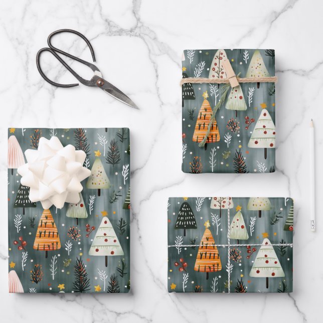 Zauberhafter Weihnachtsbaumwald Geschenkpapier Set (Vorderseite)