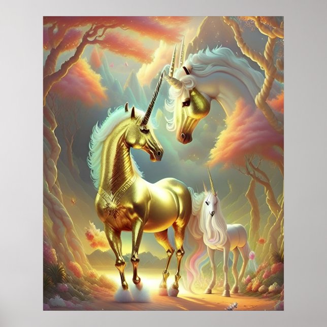 Zauberhaftes goldenes Einhornpferd Poster (Vorne)