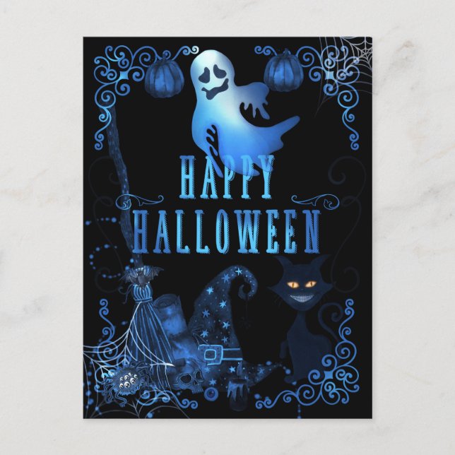 Zauberhaftes Halloween Black Cat Blue Glow Lights Postkarte (Vorderseite)