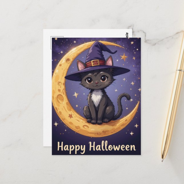 Zauberhaftes Halloween-Katzenrohhut und Mondligh Postkarte (Vorderseite/Rückseite Beispiel)