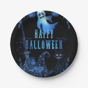 Zauberhaftes Halloween-Party Schwarze Katze Blaues Pappteller