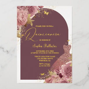 Zauberhaftes Kleid & Arch Verzaubertes Quinceanera Folieneinladung