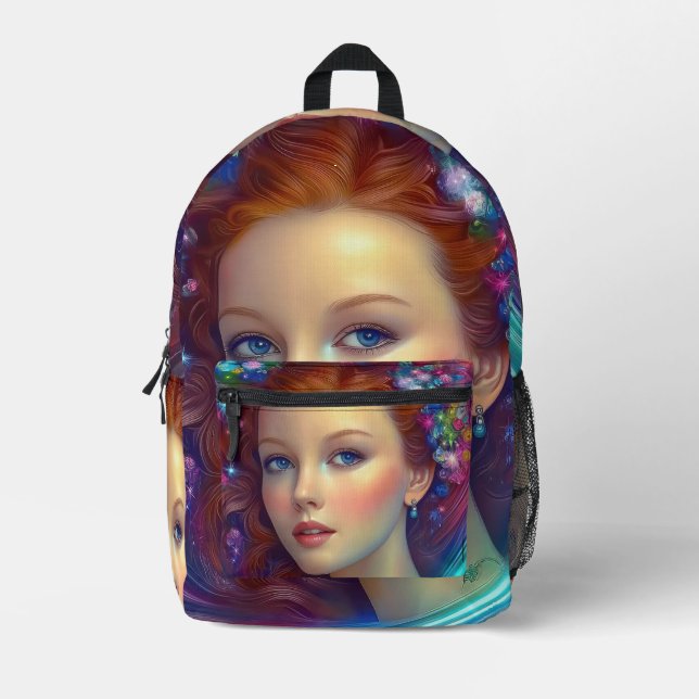 Zauberhaftes Rainbow-Hair-Portrait Bedruckter Rucksack (Vorderseite)