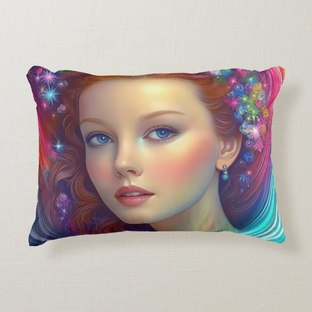Zauberhaftes Rainbow-Hair-Portrait Dekokissen (Vorderseite)