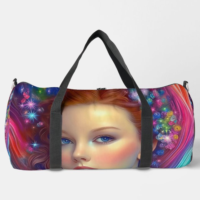 Zauberhaftes Rainbow-Hair-Portrait Duffle Bag (Vorderseite)