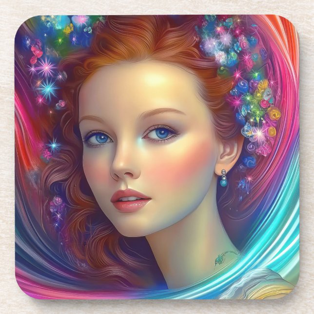 Zauberhaftes Rainbow-Hair-Portrait Getränkeuntersetzer (Vorderseite)