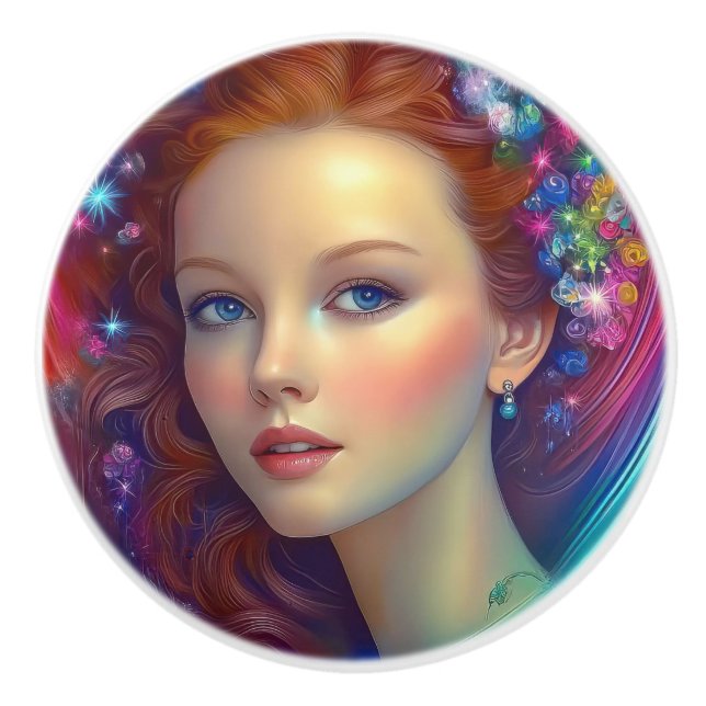 Zauberhaftes Rainbow-Hair-Portrait Keramikknauf (Vorderseite)