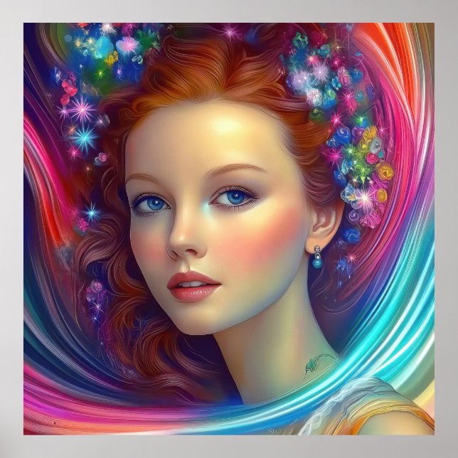 Zauberhaftes Rainbow-Hair-Portrait Poster (Vorne)