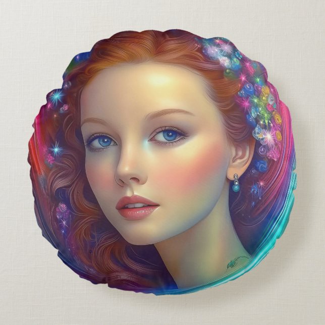 Zauberhaftes Rainbow-Hair-Portrait Rundes Kissen (Vorderseite)
