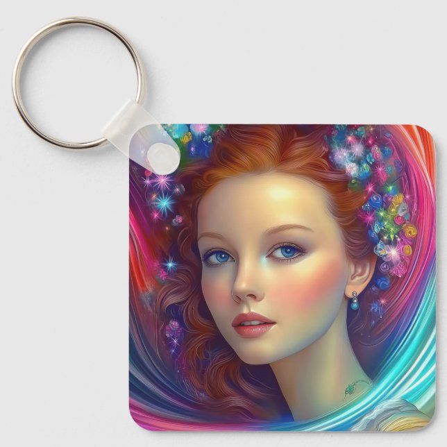 Zauberhaftes Rainbow-Hair-Portrait Schlüsselanhänger (Vorderseite)