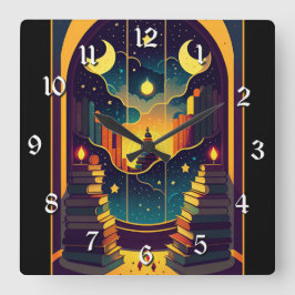 Zauberhaftes Reich der Bücher Quadratische Wanduhr